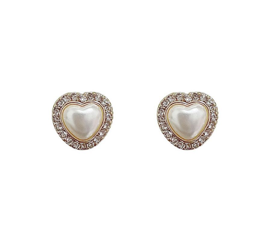 Pearl Rhinestone Stud / Earring Heart Clip-On Faux