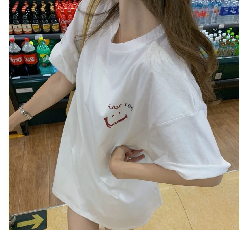 Smiley Print Face Neck Tee Short-Sleeve Tunic Crew