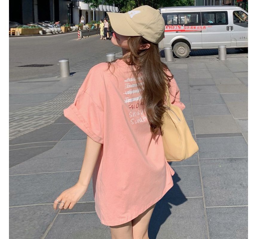 Smiley Print Face Neck Tee Short-Sleeve Tunic Crew