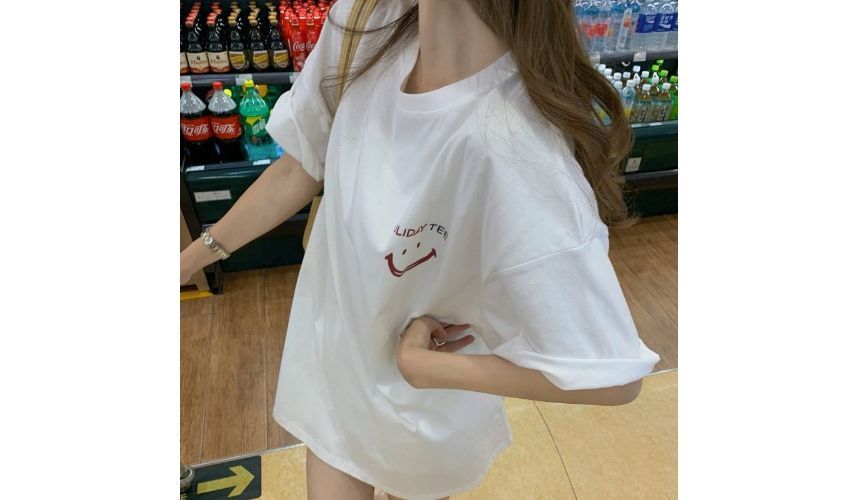 Smiley Print Face Neck Tee Short-Sleeve Tunic Crew