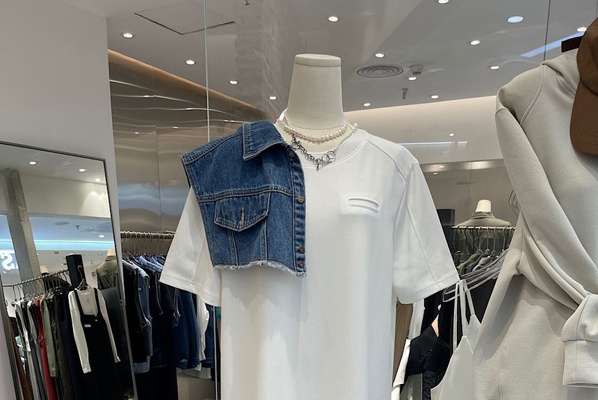 T-Shirt Short-Sleeve Dress Midi Plain Crew Neck