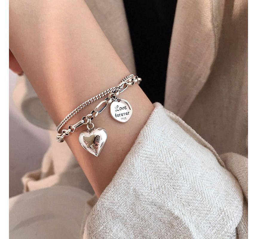 Heart Lettering Pendant Layered Alloy Bracelet