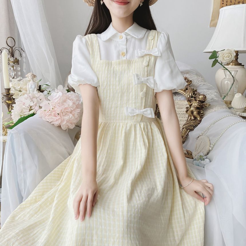 Puff Sleeve Collared Bow Mock Two Piece Midi A-Line Dress