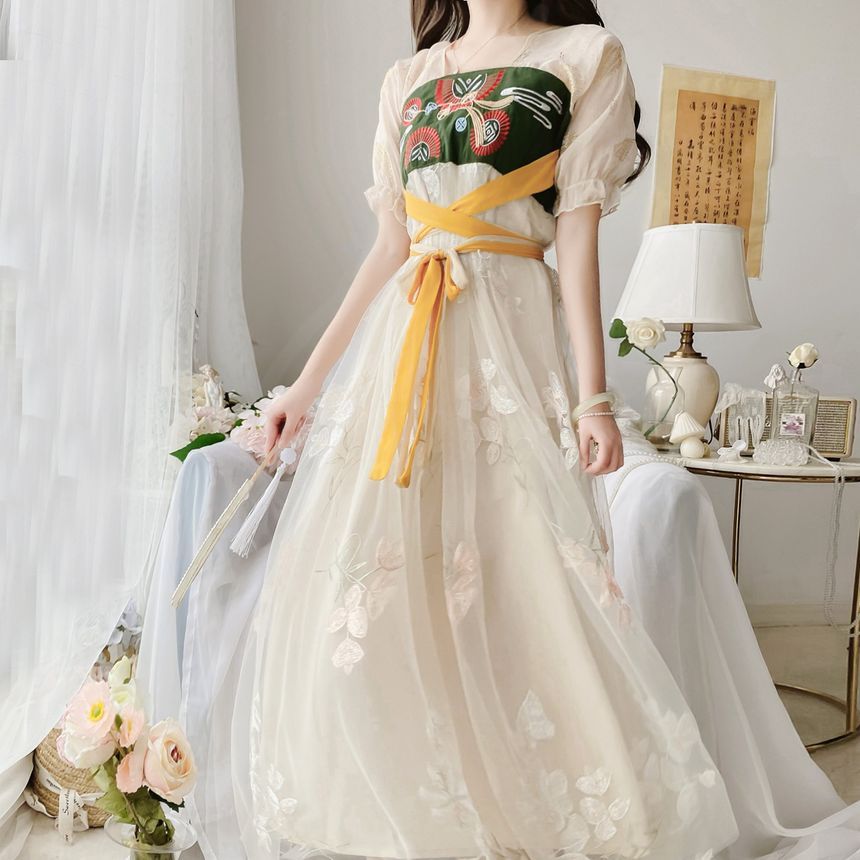 Short-Sleeve Embroidered Panel Mesh Hanfu Dress