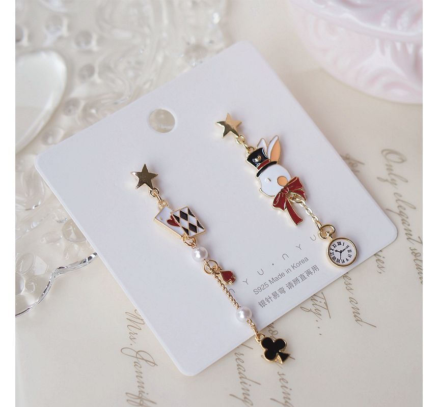 Enamel Rabbit Poker Asymmetrical Drop Earring / Clip On Earring