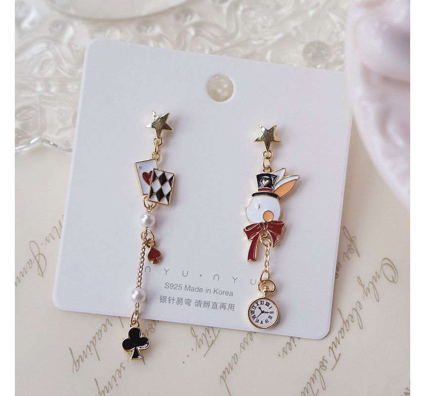 Enamel Rabbit Poker Asymmetrical Drop Earring / Clip On Earring