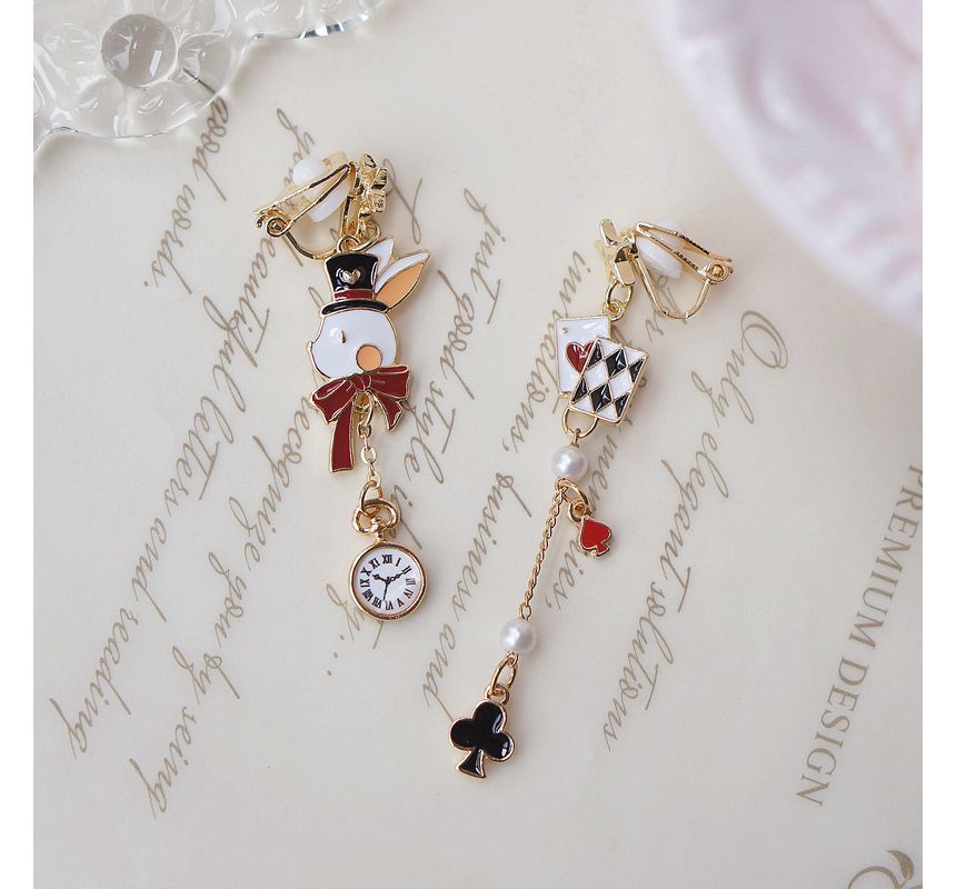 Enamel Rabbit Poker Asymmetrical Drop Earring / Clip On Earring