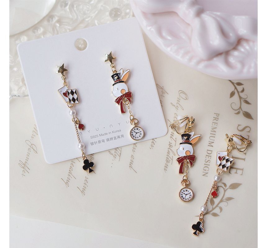 Enamel Rabbit Poker Asymmetrical Drop Earring / Clip On Earring