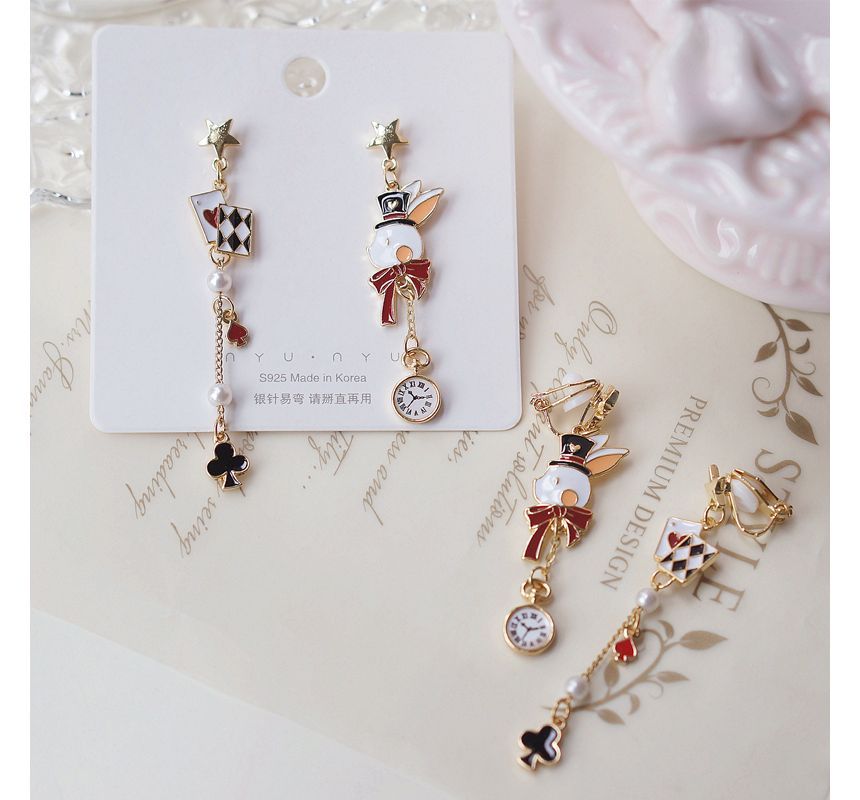 Enamel Rabbit Poker Asymmetrical Drop Earring / Clip On Earring