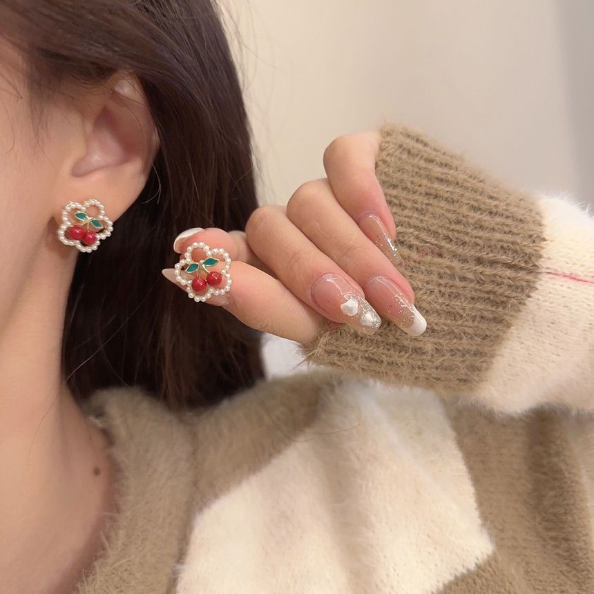 Earring Cherry / Clip Flower Faux Stud Pearl On