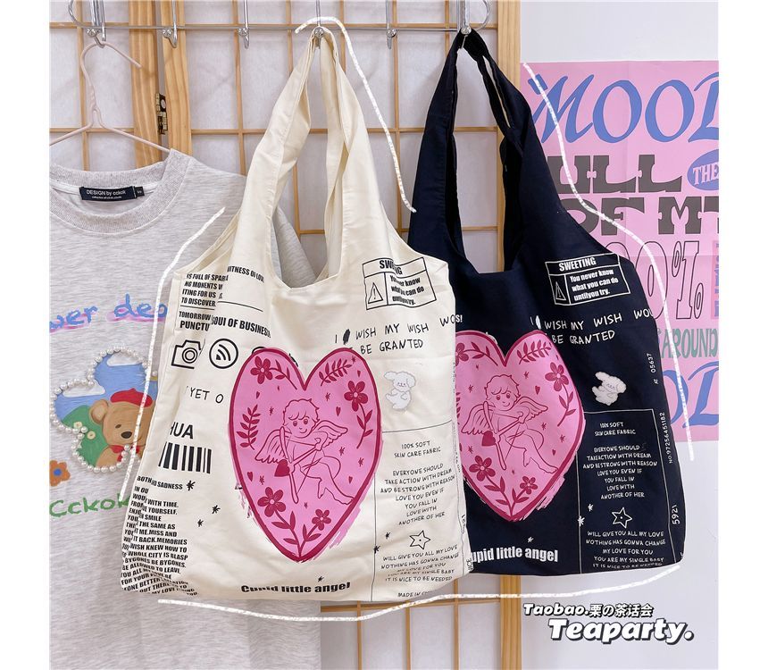 Lettering Cartoon Print Shopper Bag / Bag Charm / Set