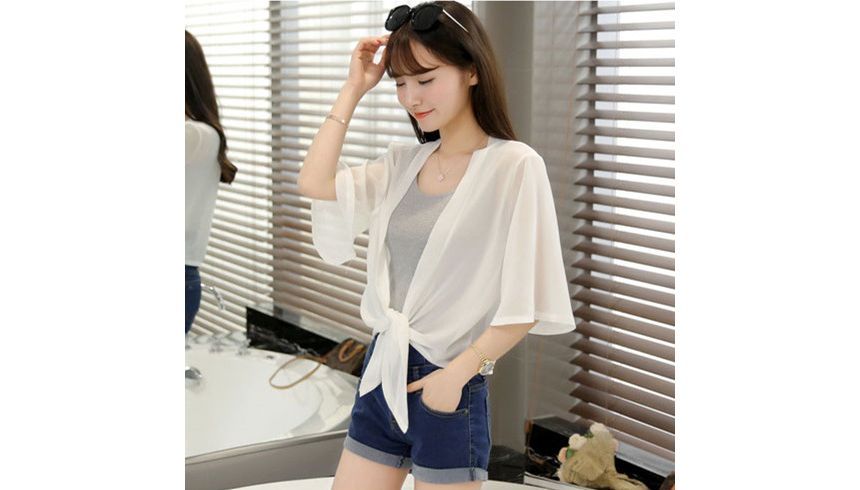 Chiffon Elbow-Sleeve Jacket Crop Front Plain Tie