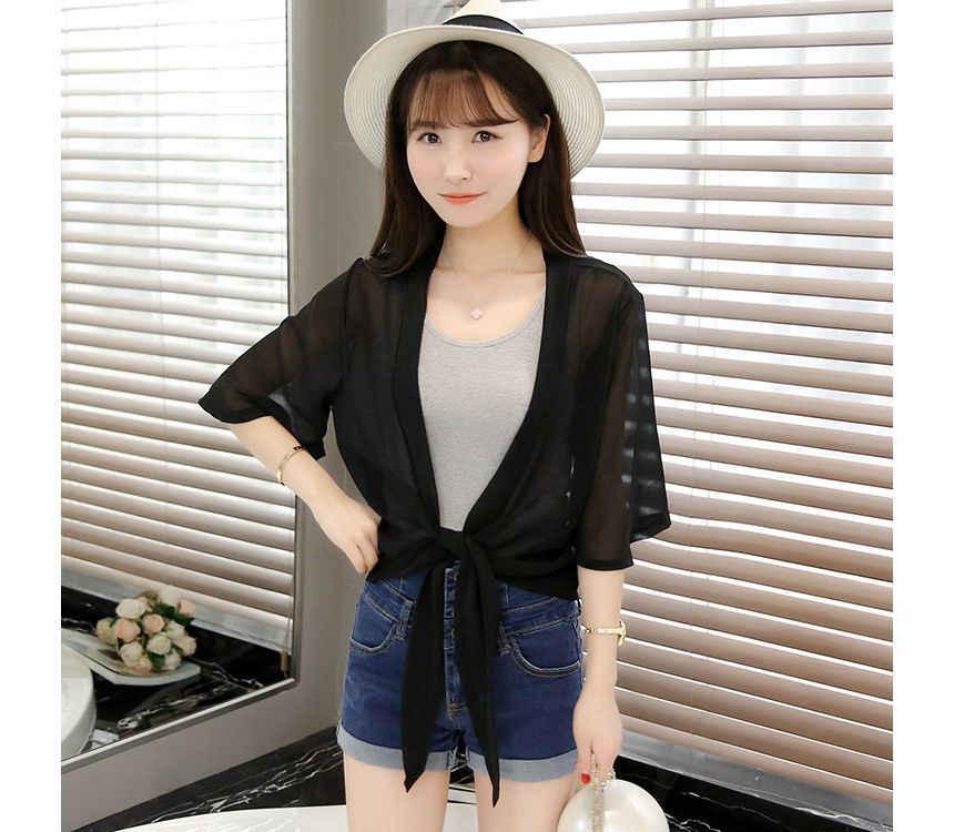 Chiffon Elbow-Sleeve Jacket Crop Front Plain Tie