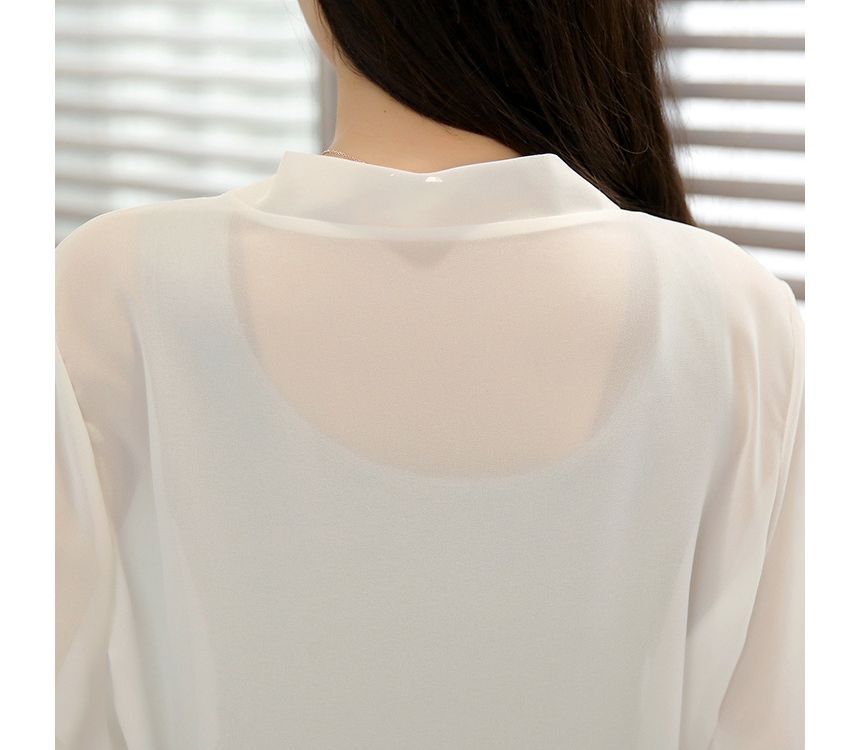 Chiffon Elbow-Sleeve Jacket Crop Front Plain Tie