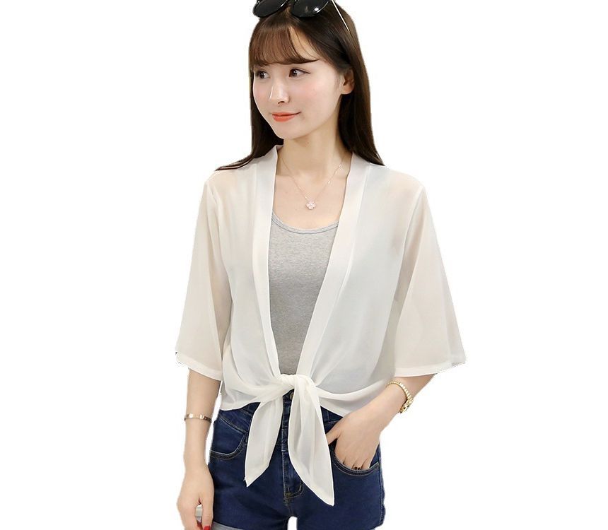 Chiffon Elbow-Sleeve Jacket Crop Front Plain Tie