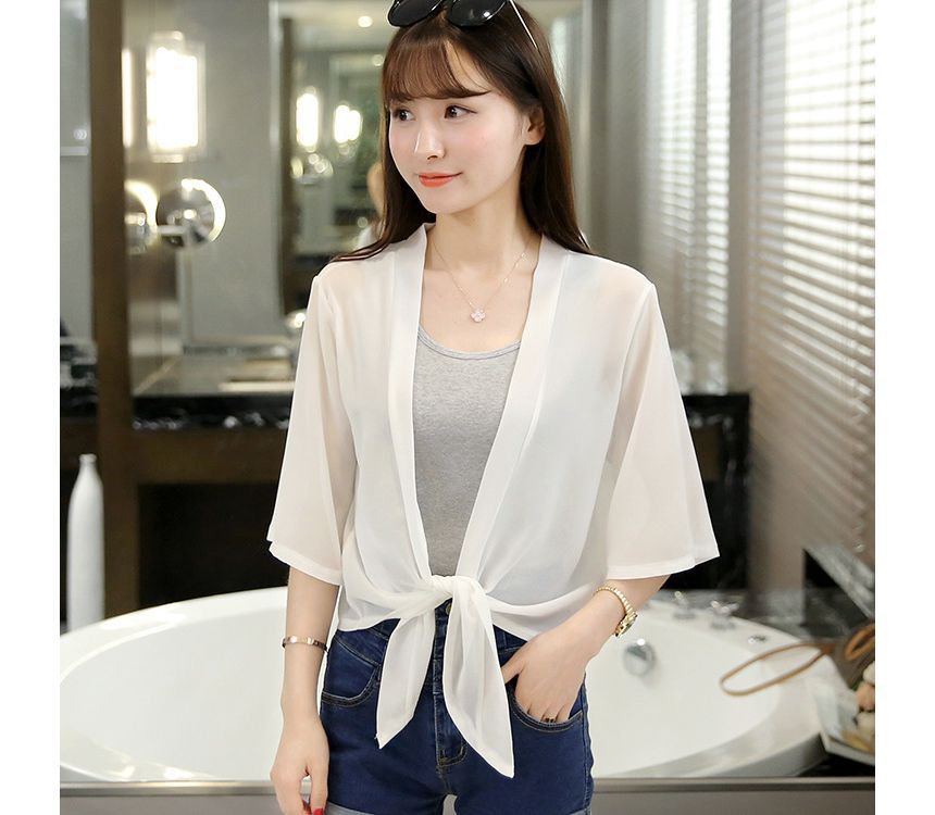 Chiffon Elbow-Sleeve Jacket Crop Front Plain Tie