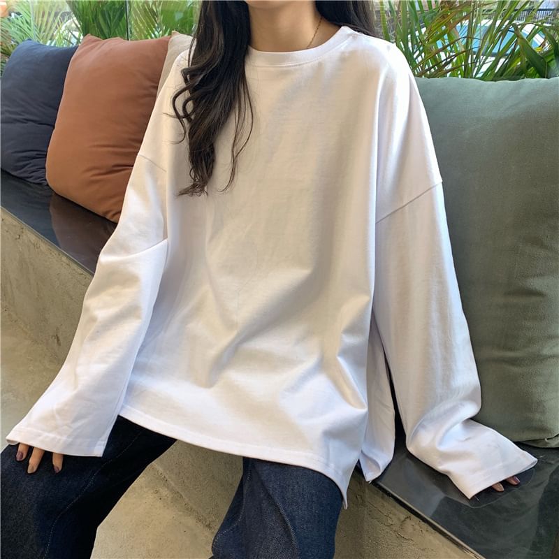 Neck Long-Sleeve Plain Oversized Round T-Shirt Slit
