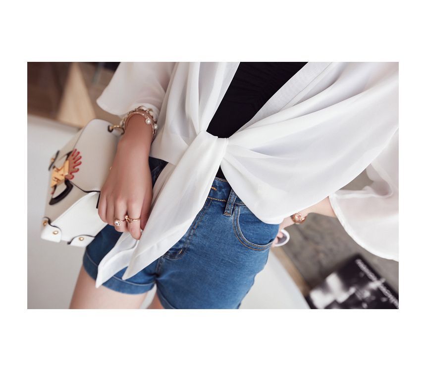 Tie Front Crop Plain Chiffon Elbow-Sleeve Jacket