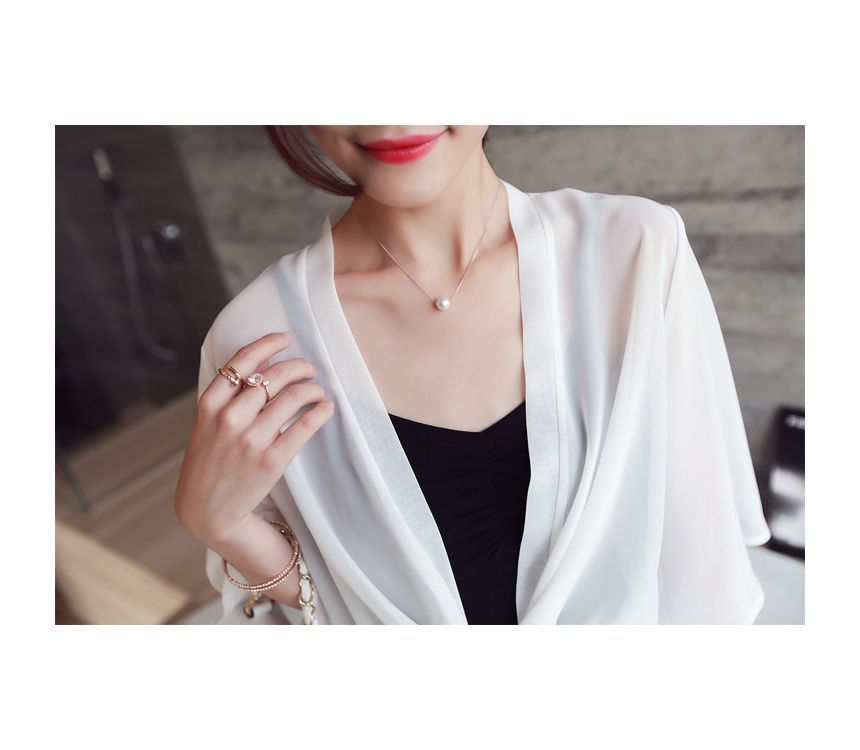 Tie Front Crop Plain Chiffon Elbow-Sleeve Jacket