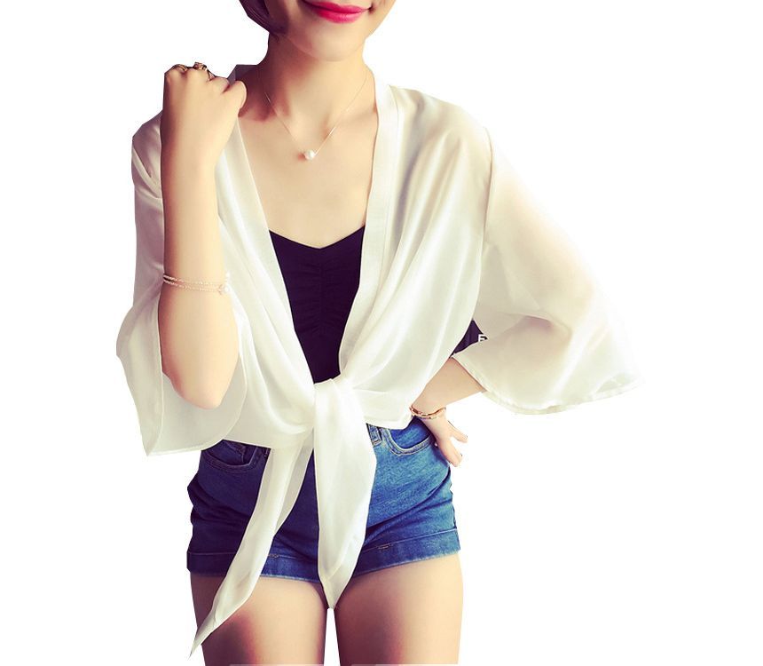 Tie Front Crop Plain Chiffon Elbow-Sleeve Jacket