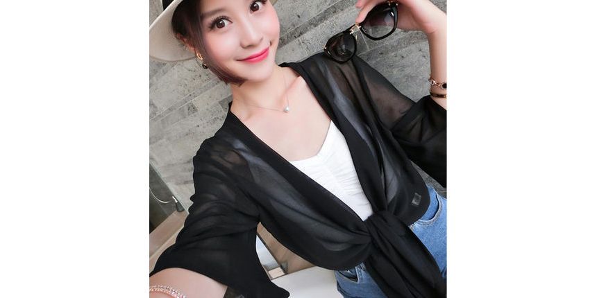 Tie Front Crop Plain Chiffon Elbow-Sleeve Jacket