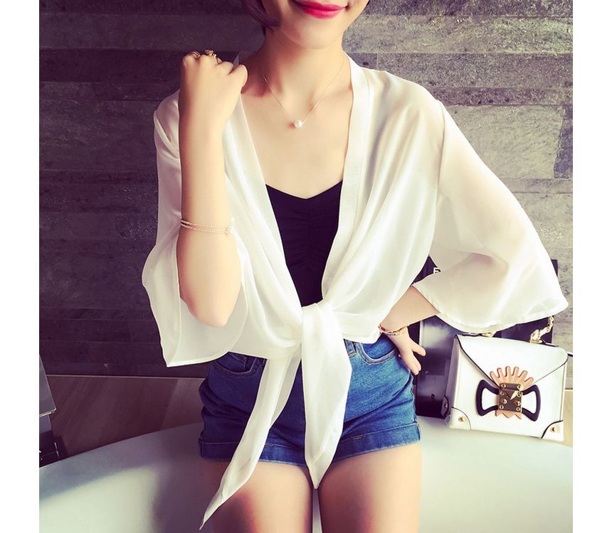 Tie Front Crop Plain Chiffon Elbow-Sleeve Jacket
