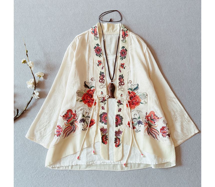 Flower Embroidered Open Front Jacket