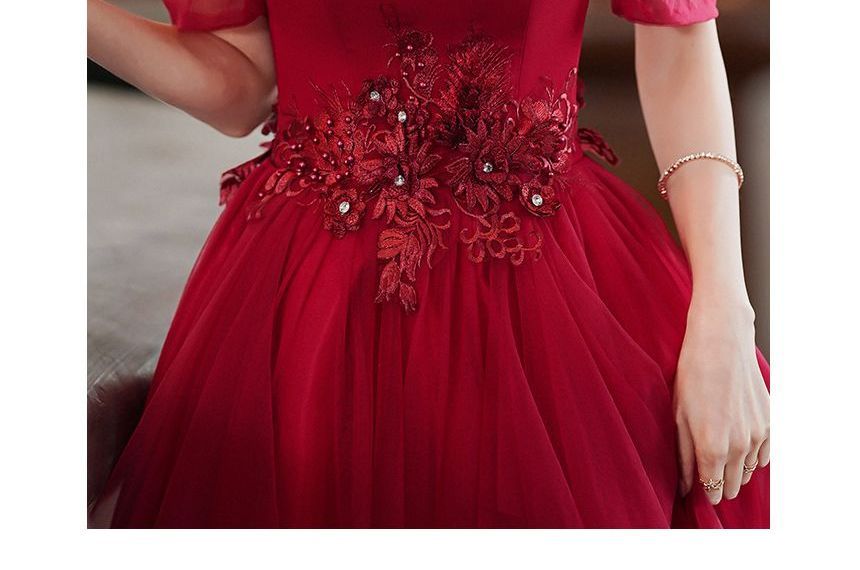 / Evening Short-Sleeve A-Line Gown Sweetheart Neckline Dress Mesh