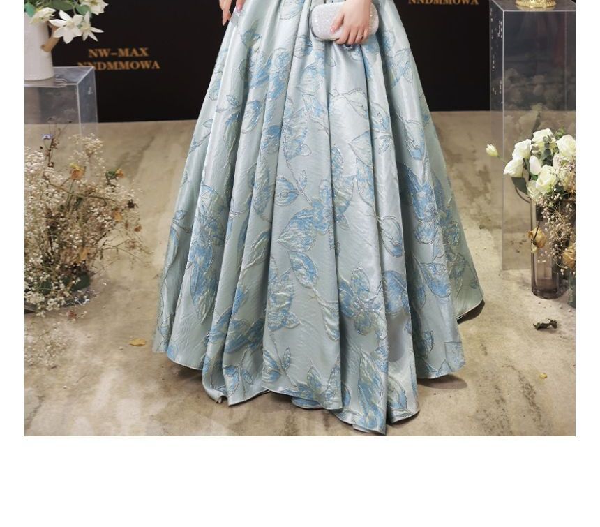 Short-Sleeve Square Neck Corset Waist Evening Gown