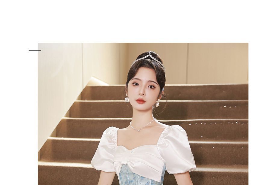 Short-Sleeve Square Neck Corset Waist Evening Gown