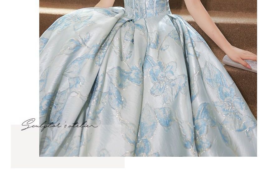 Short-Sleeve Square Neck Corset Waist Evening Gown