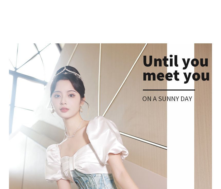 Short-Sleeve Square Neck Corset Waist Evening Gown