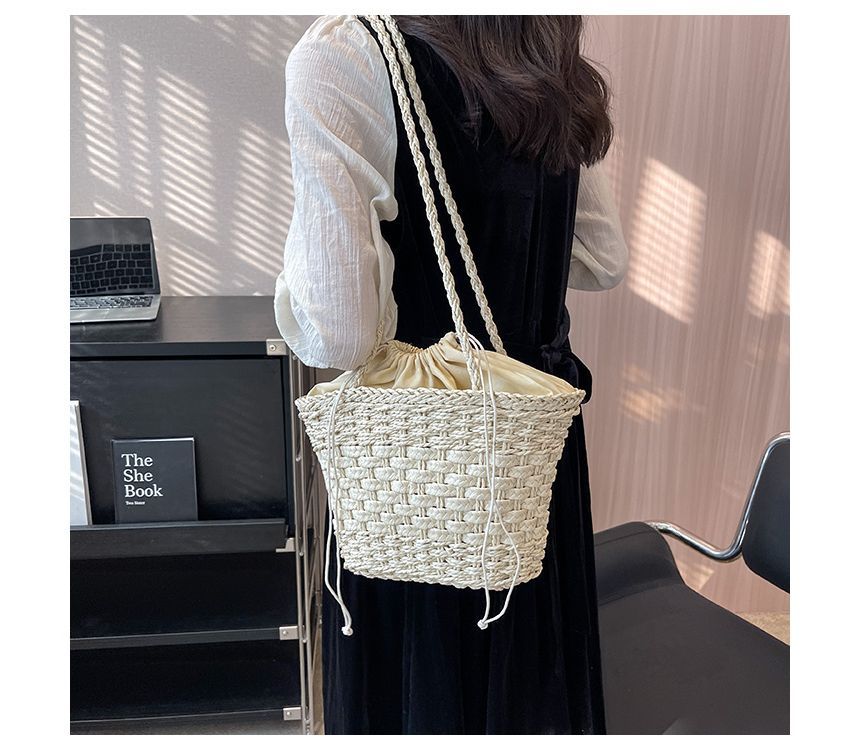 Woven Drawstring Bucket Bag