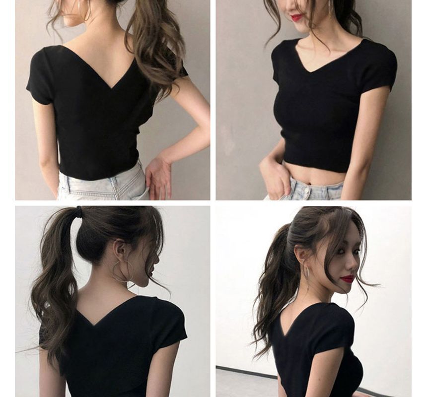 T-Shirt V-Neck Short-Sleeve Cropped Plain