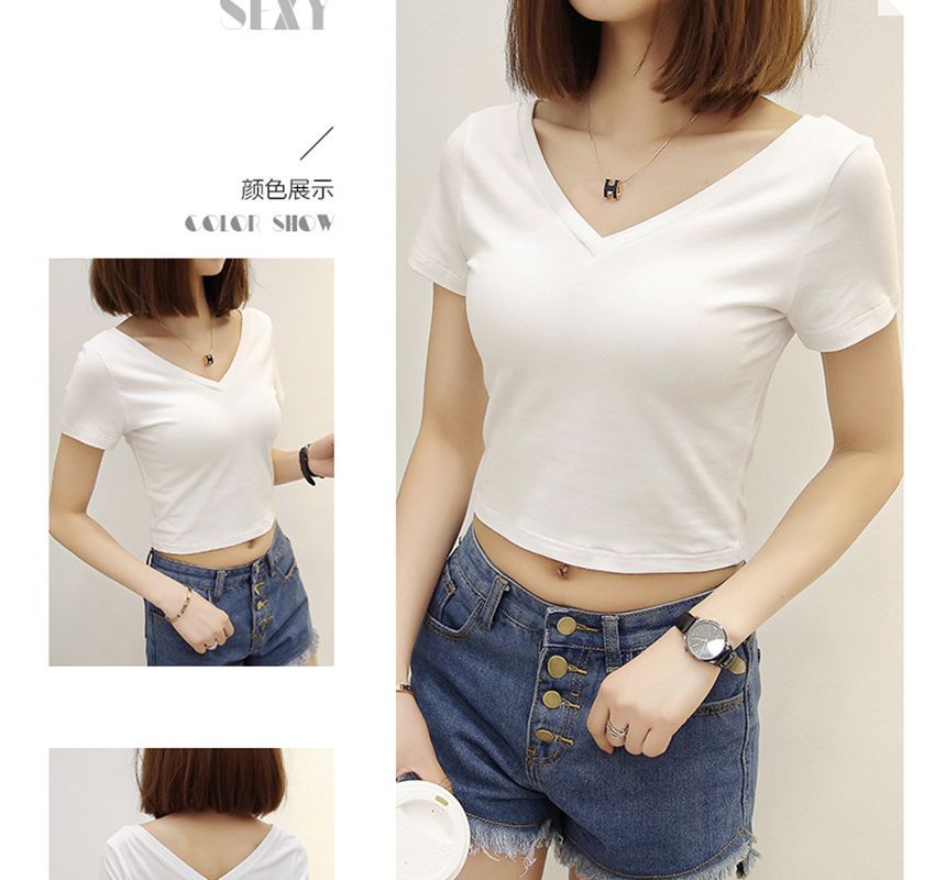 T-Shirt V-Neck Short-Sleeve Cropped Plain