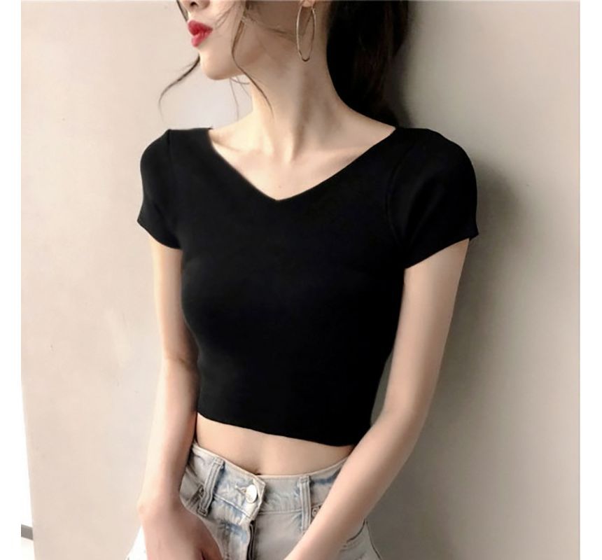 T-Shirt V-Neck Short-Sleeve Cropped Plain