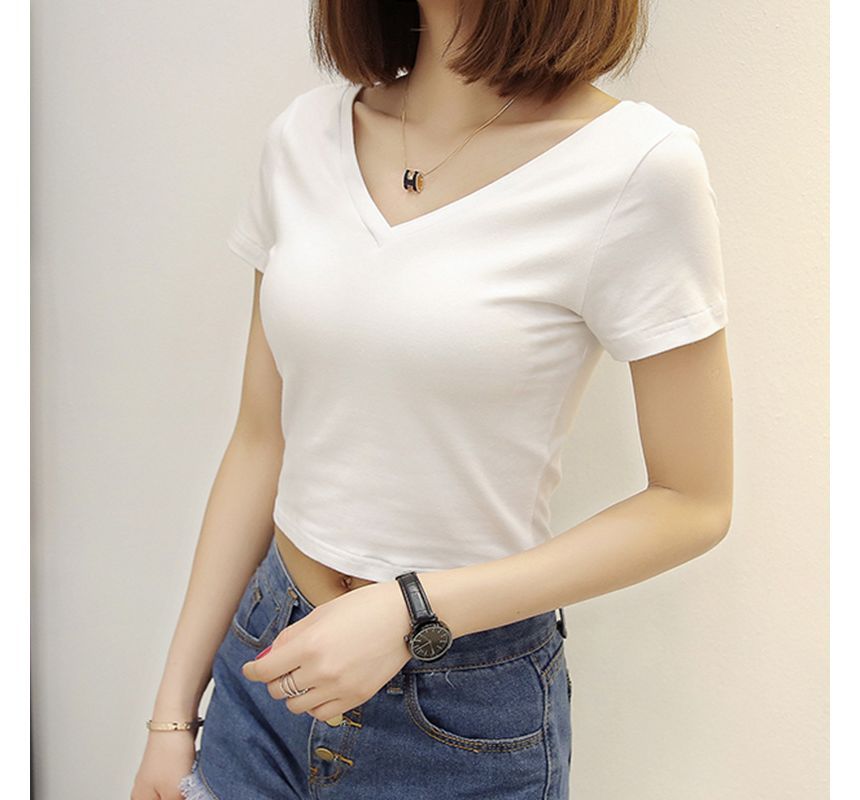 T-Shirt V-Neck Short-Sleeve Cropped Plain