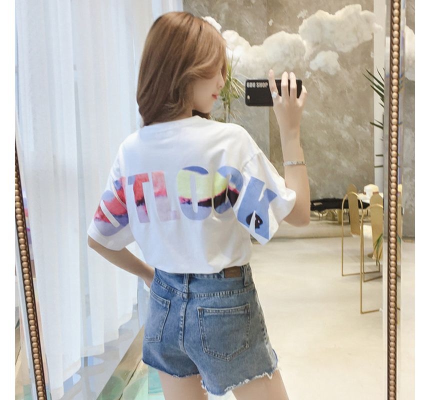 Neck Crew Lettering T-Shirt Short-Sleeve