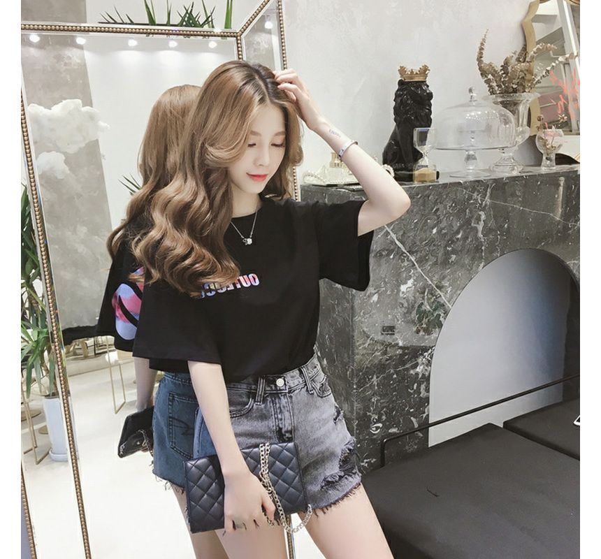 Neck Crew Lettering T-Shirt Short-Sleeve