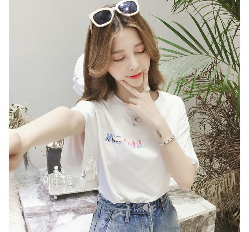 Neck Crew Lettering T-Shirt Short-Sleeve