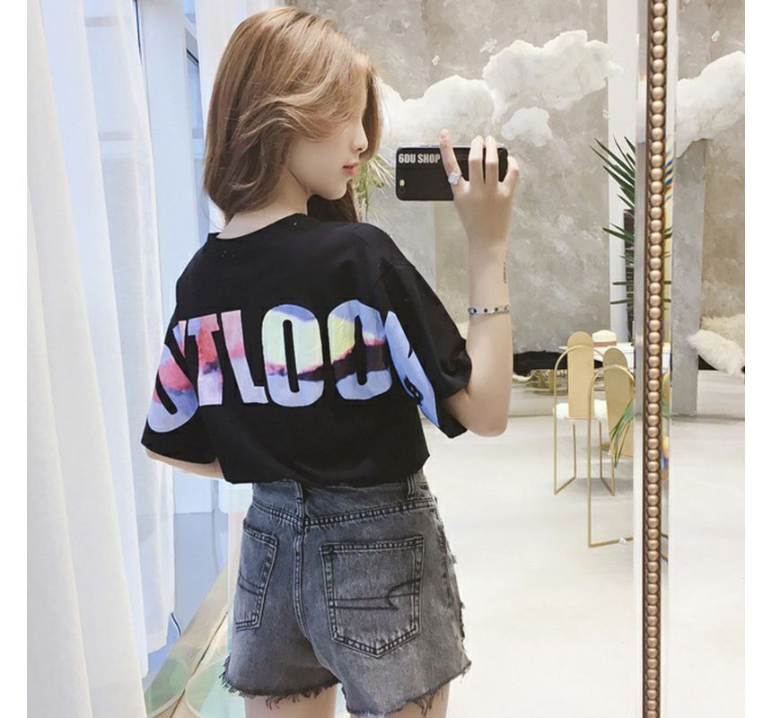 Neck Crew Lettering T-Shirt Short-Sleeve