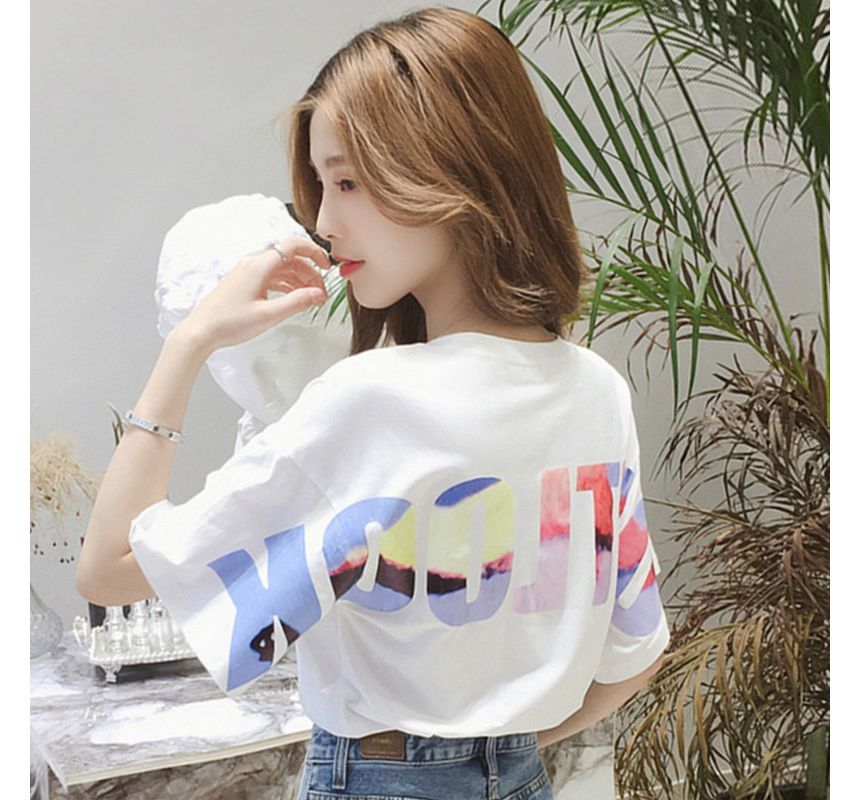 Neck Crew Lettering T-Shirt Short-Sleeve