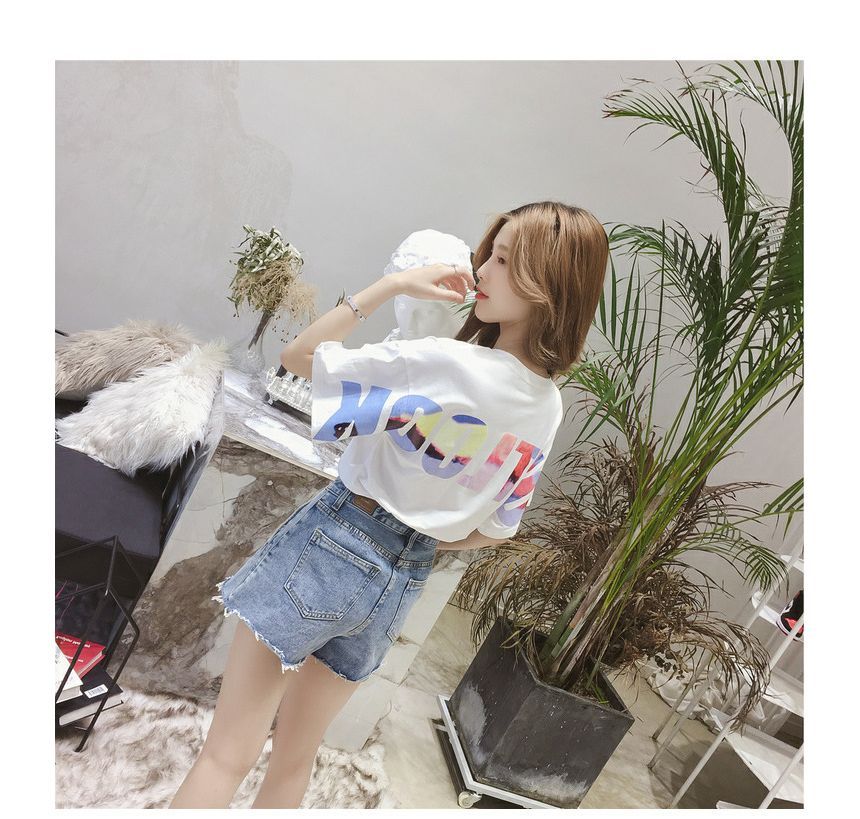 Neck Crew Lettering T-Shirt Short-Sleeve