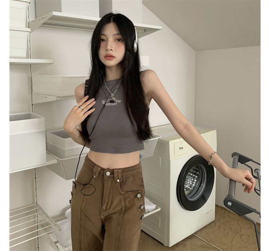 Crew Letter Crop Tank Neck Embroidered Top