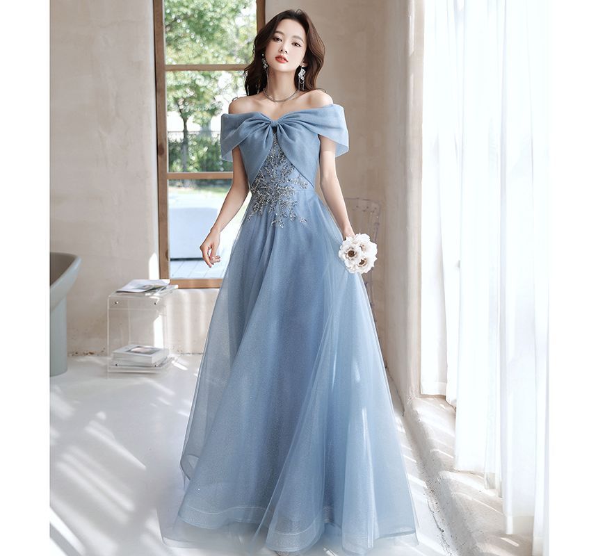 Short-Sleeve Off Shoulder Sequin Beaded Mesh A-Line Evening Gown / Midi Cocktail Dress