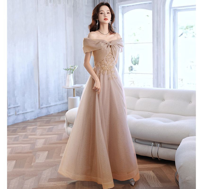 Short-Sleeve Off Shoulder Sequin Beaded Mesh A-Line Evening Gown / Midi Cocktail Dress