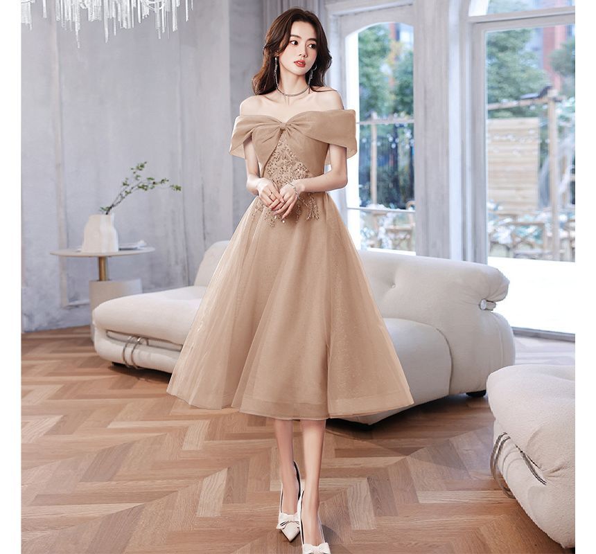 Short-Sleeve Off Shoulder Sequin Beaded Mesh A-Line Evening Gown / Midi Cocktail Dress