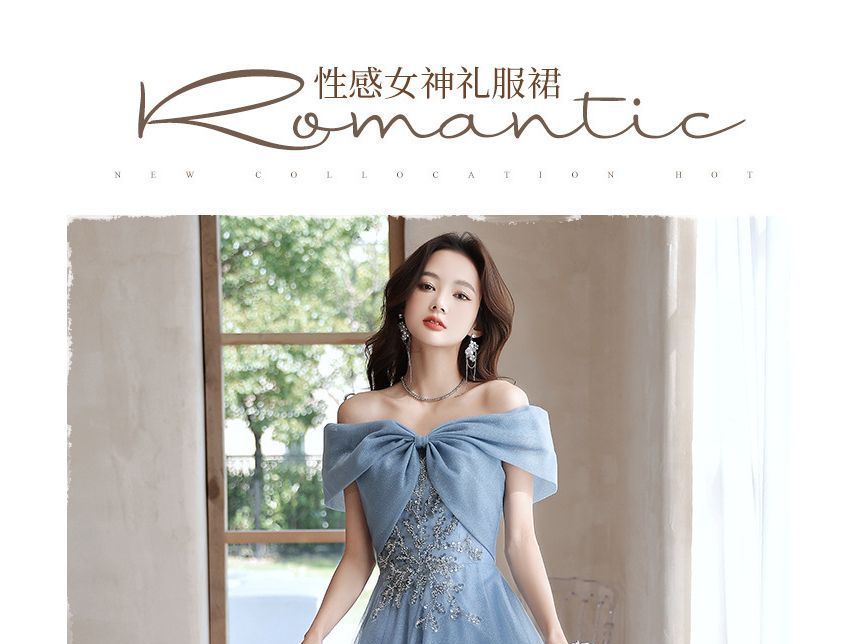 Short-Sleeve Off Shoulder Sequin Beaded Mesh A-Line Evening Gown / Midi Cocktail Dress