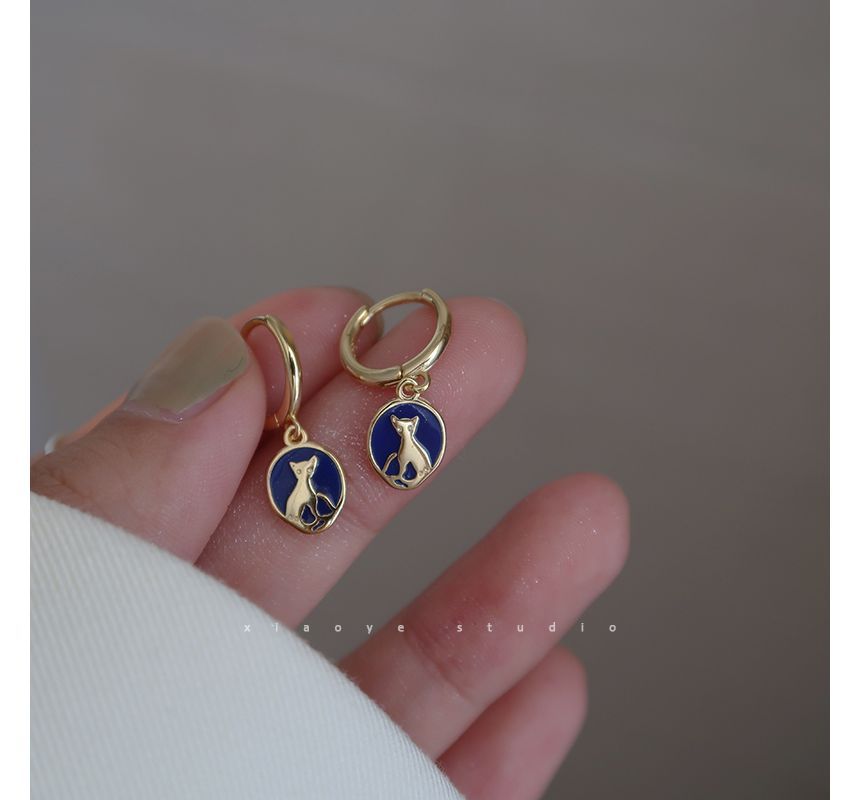 Earring Silver Dangle Cat Sterling