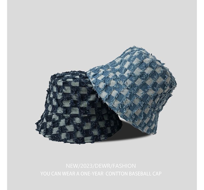 Checker Bucket Denim Hat Fringed
